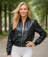Comprar jaqueta de couro feminina bomber preto com zíper duplo e acabamento premium ideal para looks modernos e elegantes ANELLIMN
